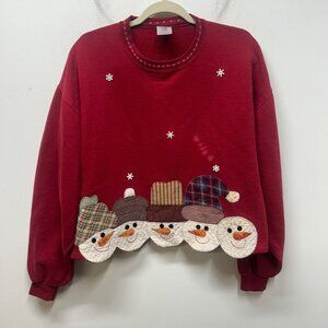 Vintage Jerzees Red Snowman Applique Sweatshirt W/ Embroidery large